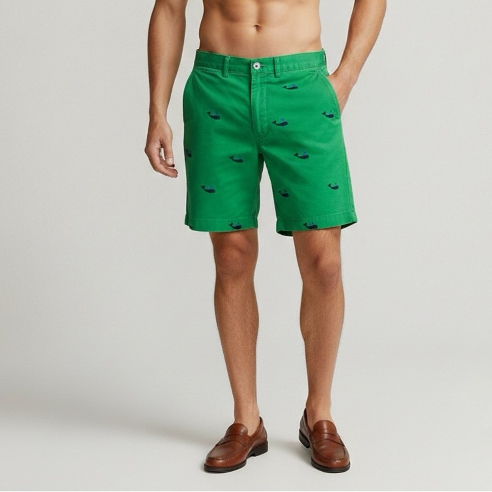 138 RALPH LAUREN Men's Green Chino Shorts with Embroidered Whales, Sz 33